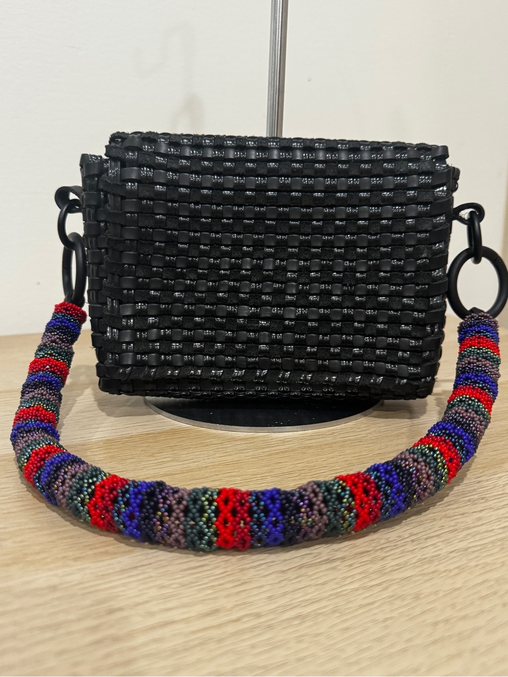 Truss Woven Black handmade Bag with Colorful Beaded Strap